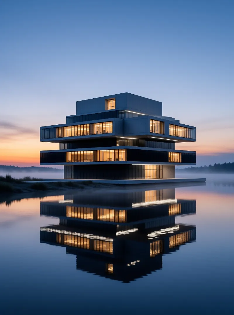 A stacked glass-and-concrete villa glows warmly above still water as mist drifts across a sunset lake.