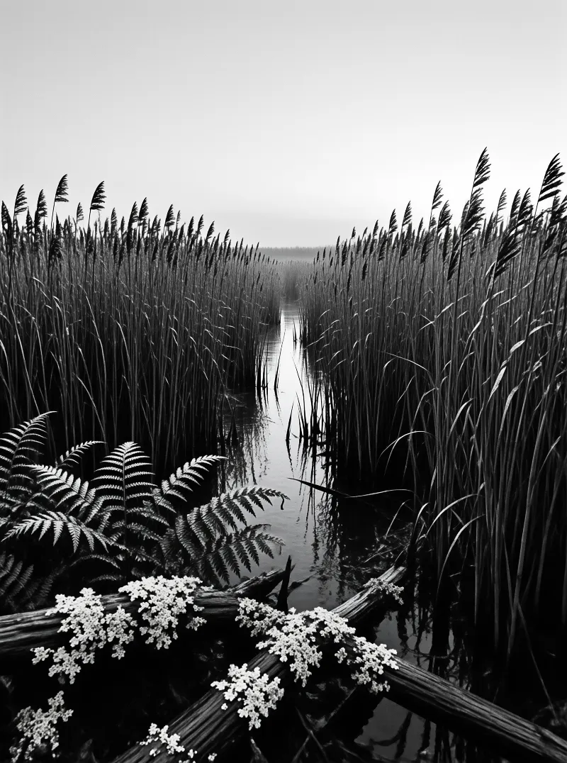 Tall reeds flank a narrow water channel leading toward a foggy horizon with ferns and lichen logs in the foreground.