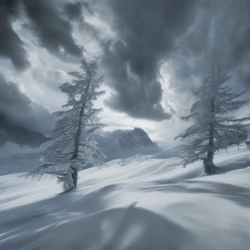 Two frozen evergreen trees stand on a white slope beneath a stormy sky with distant peaks.