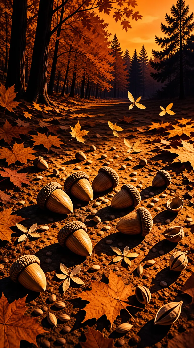 Acorns in textured caps lie scattered across a woodland floor in warm orange autumn sunlight with trees behind.
