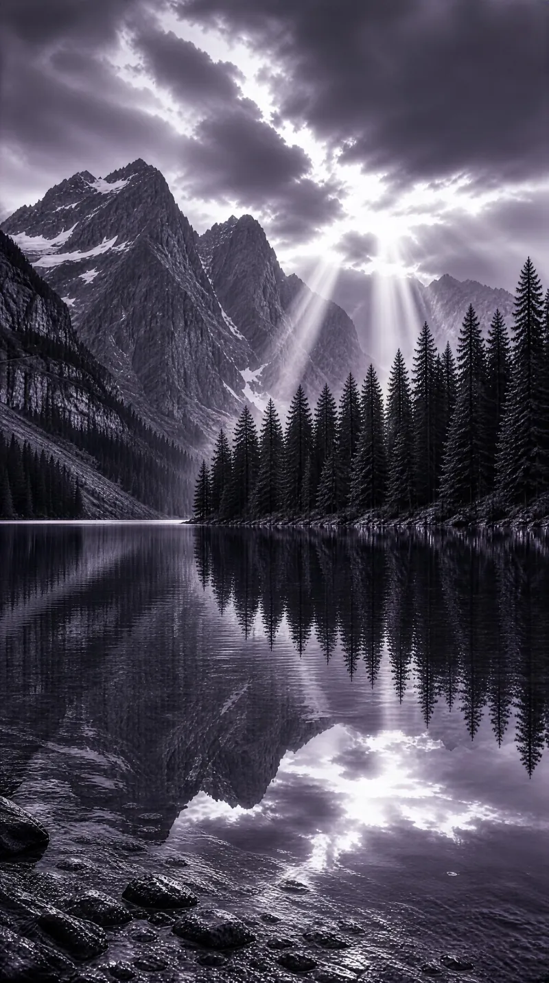 Tall, jagged mountains rise above a calm alpine lake, with pine trees lining the shore and sunbeams breaking through storm clouds above.