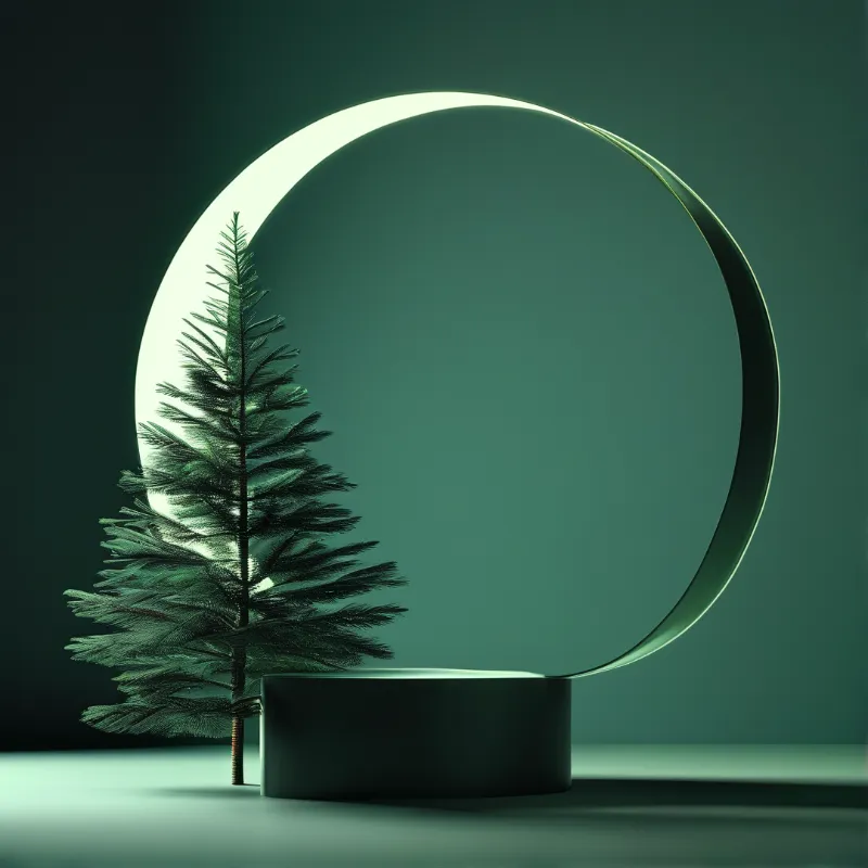 A small pine tree stands next to a large glowing ring supported by a dark cylindrical base against a solid teal background.