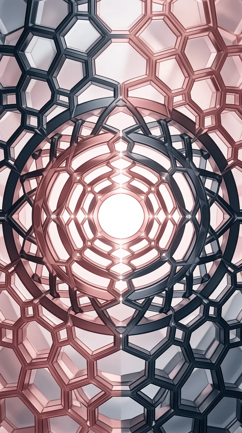 Symmetrical honeycomb geometry with rose gold and dark blue cells radiating from a bright white center.