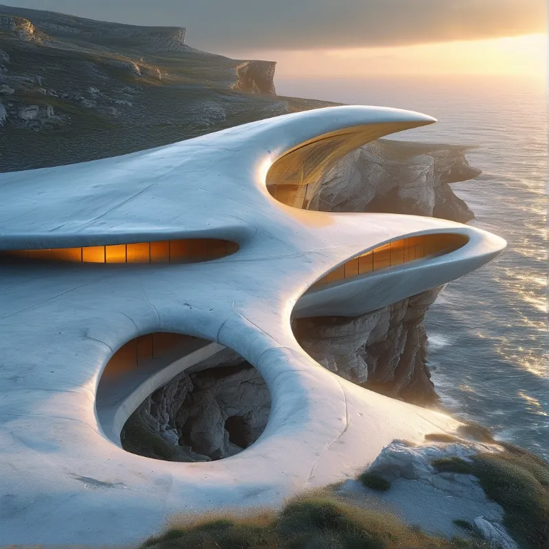 A sleek white building rests on a rugged cliff edge overlooking a calm sea bathed in warm golden sunset light.