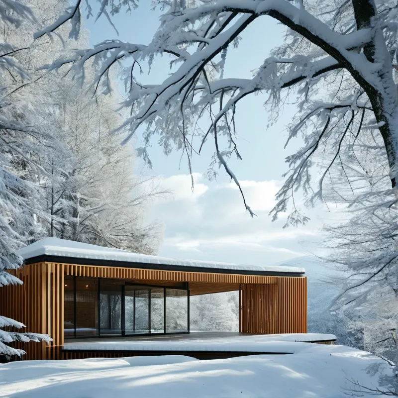 A modern wood slat glass cabin sits low among snow laden pine branches under a pale winter sky.
