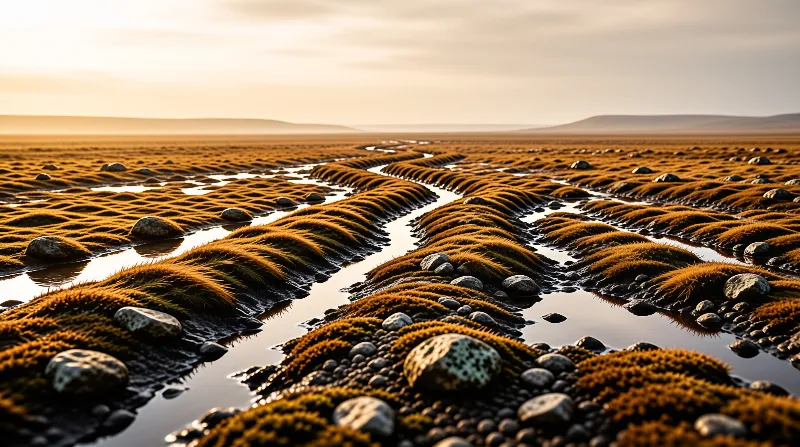 A network of water channels winds through a vast expanse of golden-brown moss and scattered rocks under a warm sunset sky.