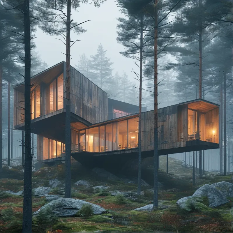 Modern wooden cabin with large windows elevated among tall pine trees in a foggy evening.