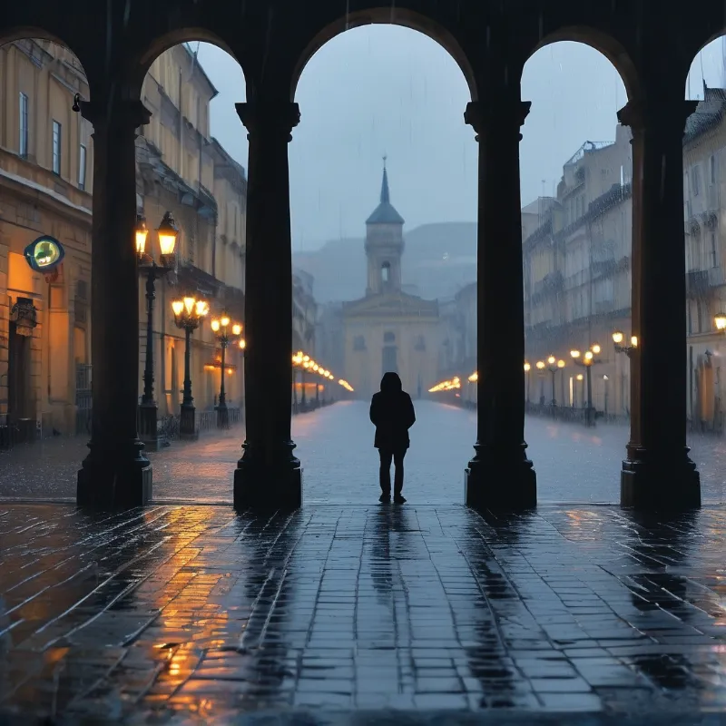 A dark silhouetted person stands on wet paving under stone arches, looking down a misty rain-soaked street lit by warm lamps.