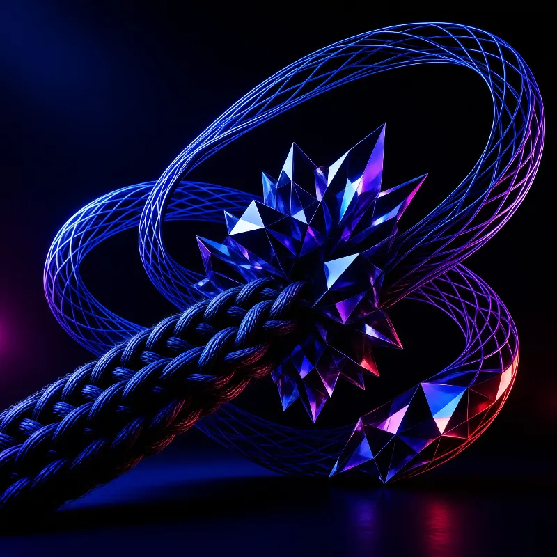 A braided rope transitions into sharp crystals surrounded by glowing wireframe loops against a dark background.