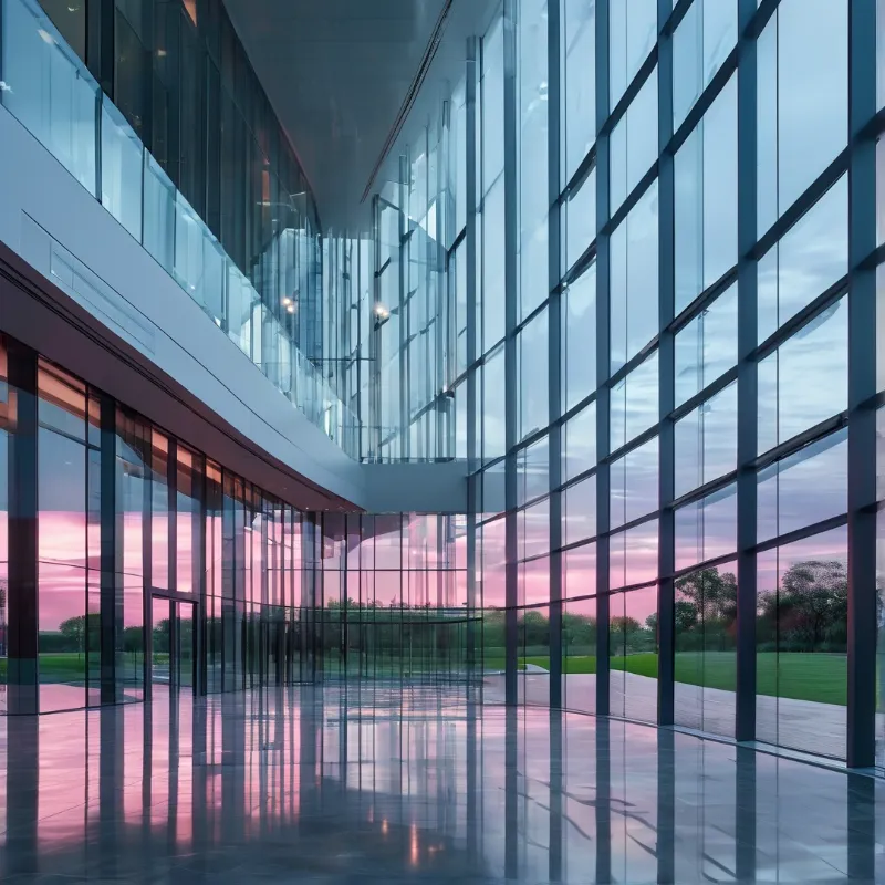 A glass atrium interior reflects a pink twilight sky and views of green grass outside.