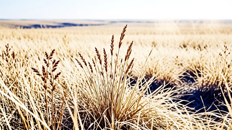 Sunlit dry grass seed heads rise above a blurred expanse of golden prairie stretching towards a distant horizon line.