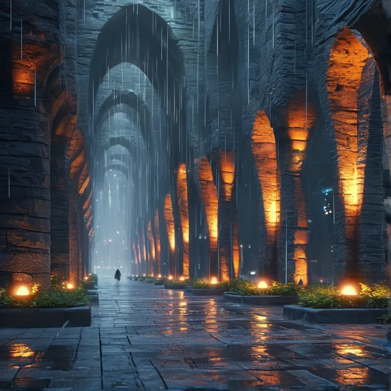 A solitary figure walks through a long rainy stone corridor where warm orange light glows from behind massive arches.