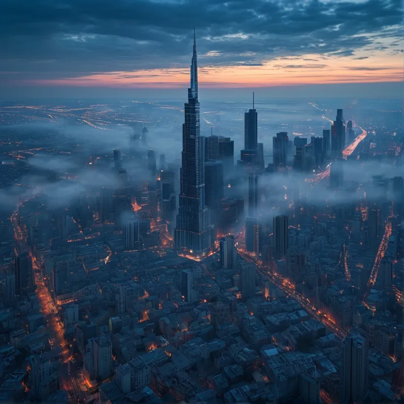 A solitary skyscraper pierces the clouds of a dense city at twilight with glowing orange roads visible beneath the mist.
