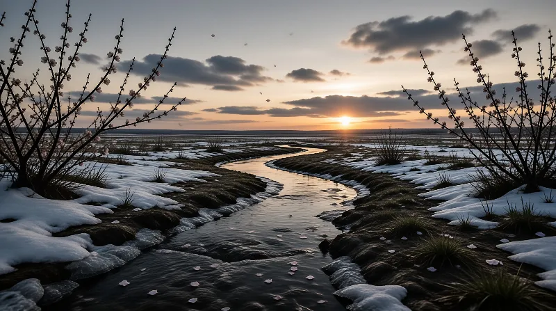 A curving stream winds through a snow covered plain while cherry blossoms bloom near the banks during a golden sunset.