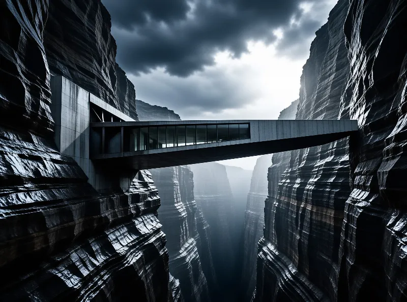 A sleek glass and concrete footbridge suspended between towering dark cliffs under an overcast storm sky
