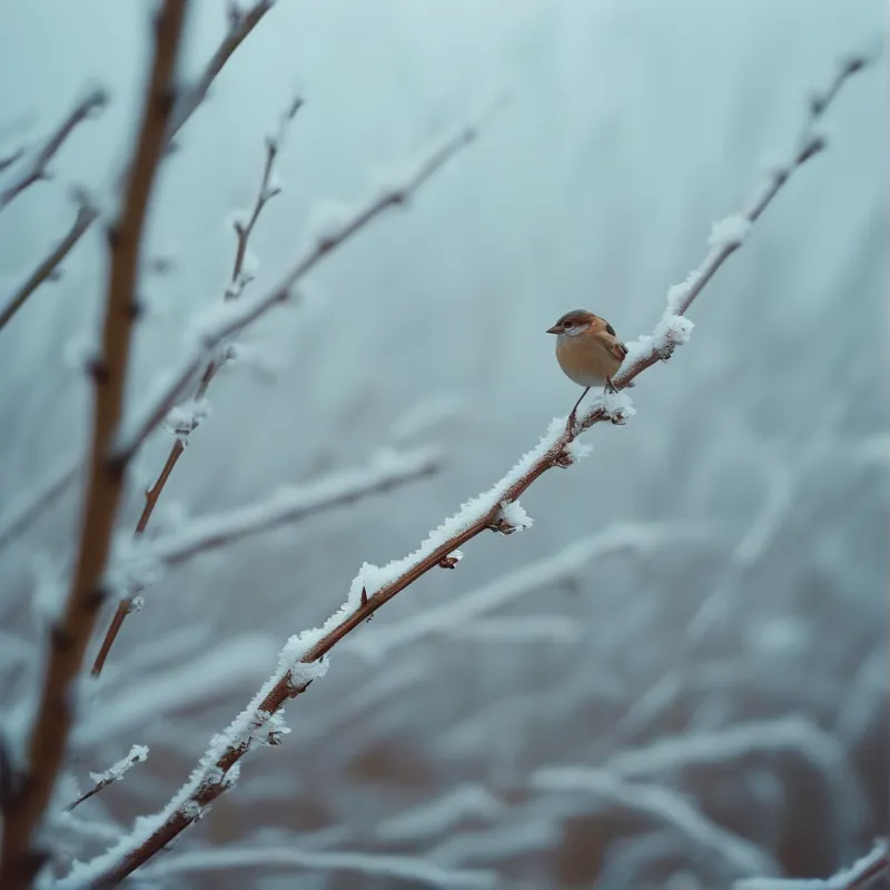 A tiny brown bird stands on a diagonal snowy twig against a blurred winter background.