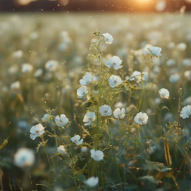 Clusters of delicate white flowers stand on slender green stems within a sunlit field during sunset.