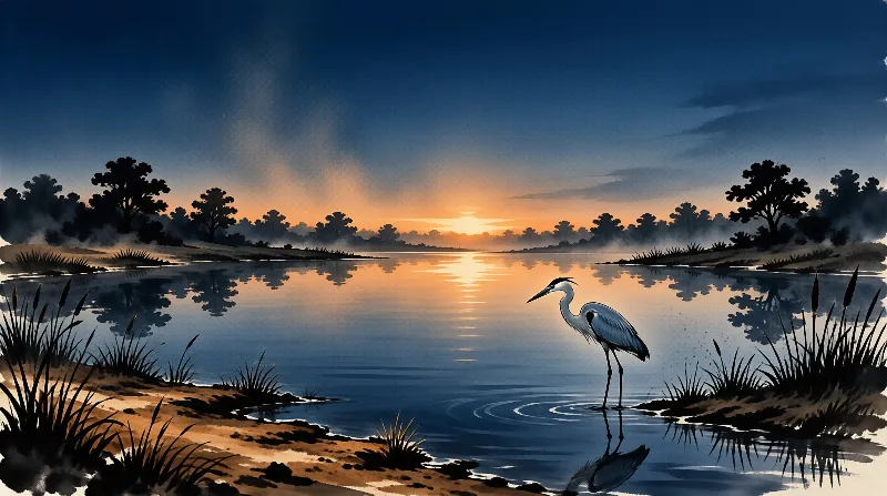 A grey heron stands in shallow water reflecting the orange sky as mist rises from the distant tree line.