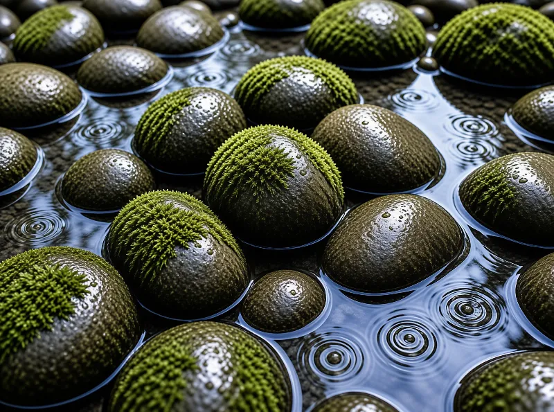 Mossy Stones in Water Ripples
