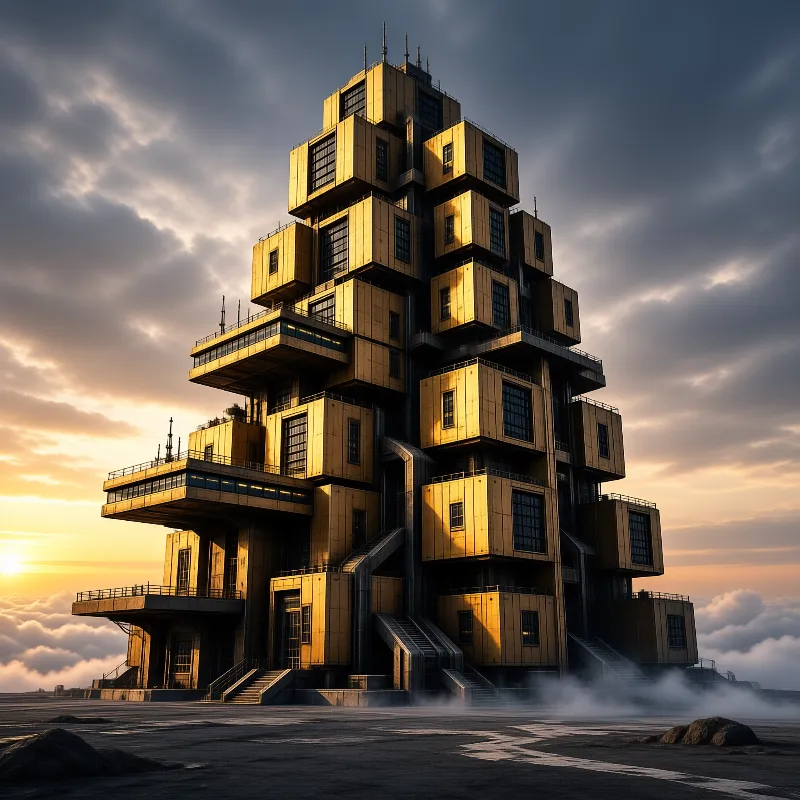 A tall yellow industrial tower stands on a concrete pad surrounded by low fog while the sun sets on the horizon.
