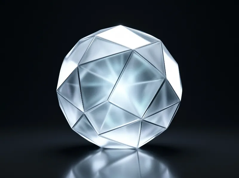 A clear geometric sphere rests on a glossy black surface displaying bright internal light refraction through its facets.