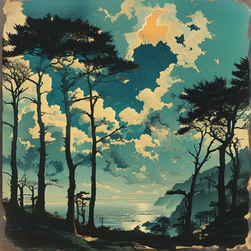 Stylized dark pines frame a calm sea below teal sky with cream clouds and faint orange sun glow
