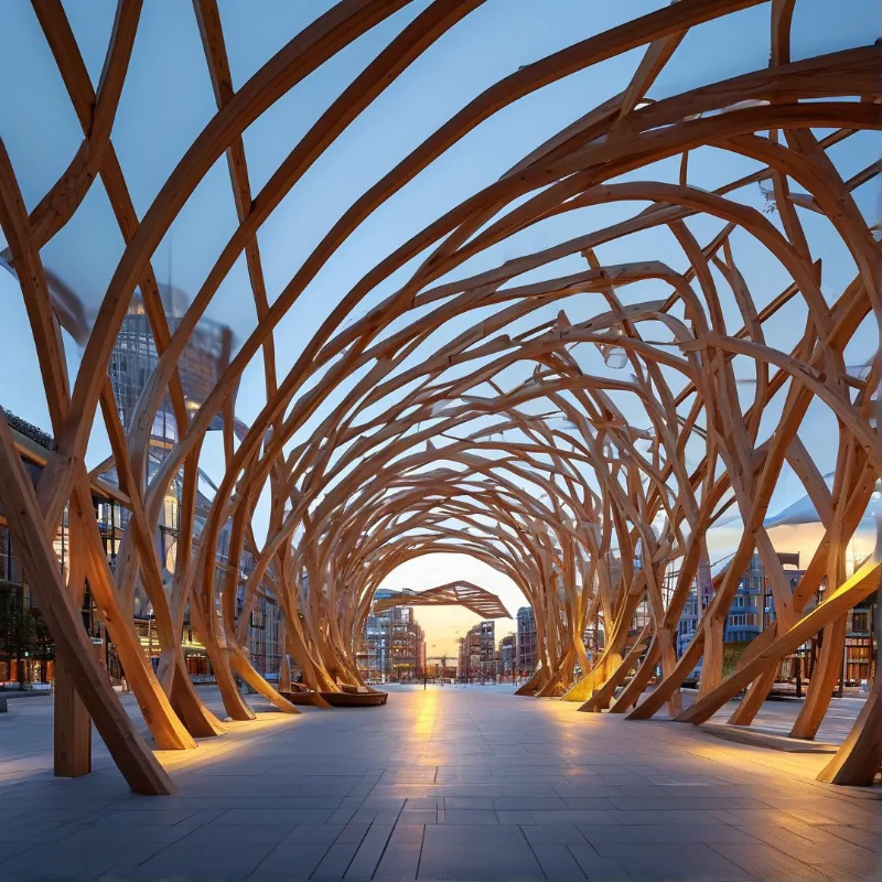 Curved timber beams form a sheltered walkway across a city square while warm lights glow against the fading evening sky.