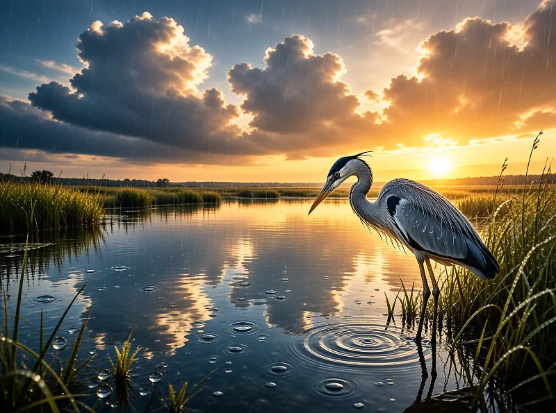 A great blue heron stands in shallow water as rain falls and the sun sets behind clouds