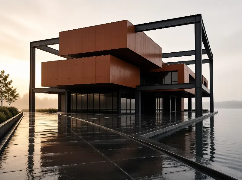 Cubic copper-clad volumes are stacked inside an exposed dark steel skeleton above a rain-slick plaza beside still water.