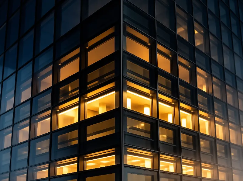 Two glass facades meet at a sharp angle, their grid of windows lit amber from within against deep blue dusk.