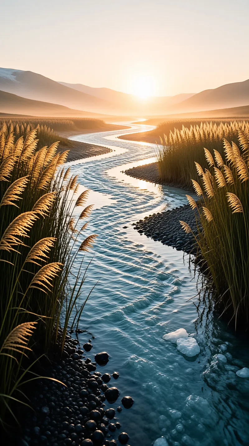 A winding blue river flows past dark stones and tall grasses under a bright sun between mountains.