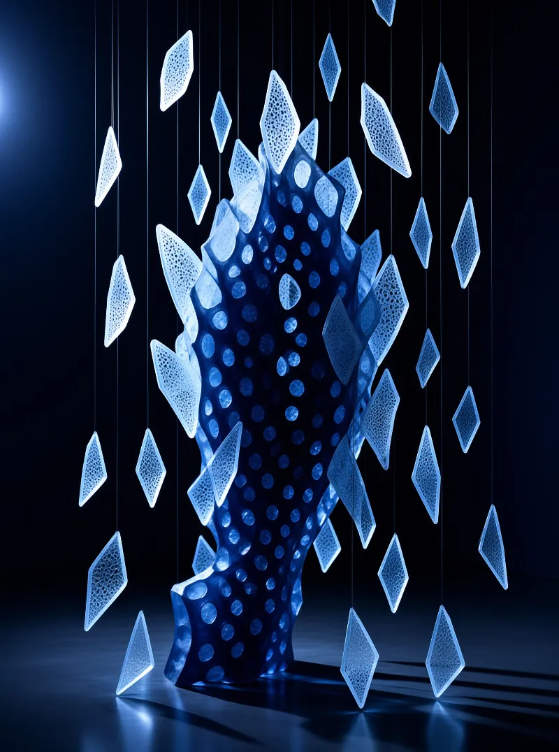 A glowing cobalt ceramic form pierced by holes stands among diamond shaped panes hung on threads in a dark studio.