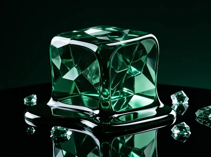 A melting green translucent cube sits on a shiny black surface surrounded by small crystal fragments under bright lighting.