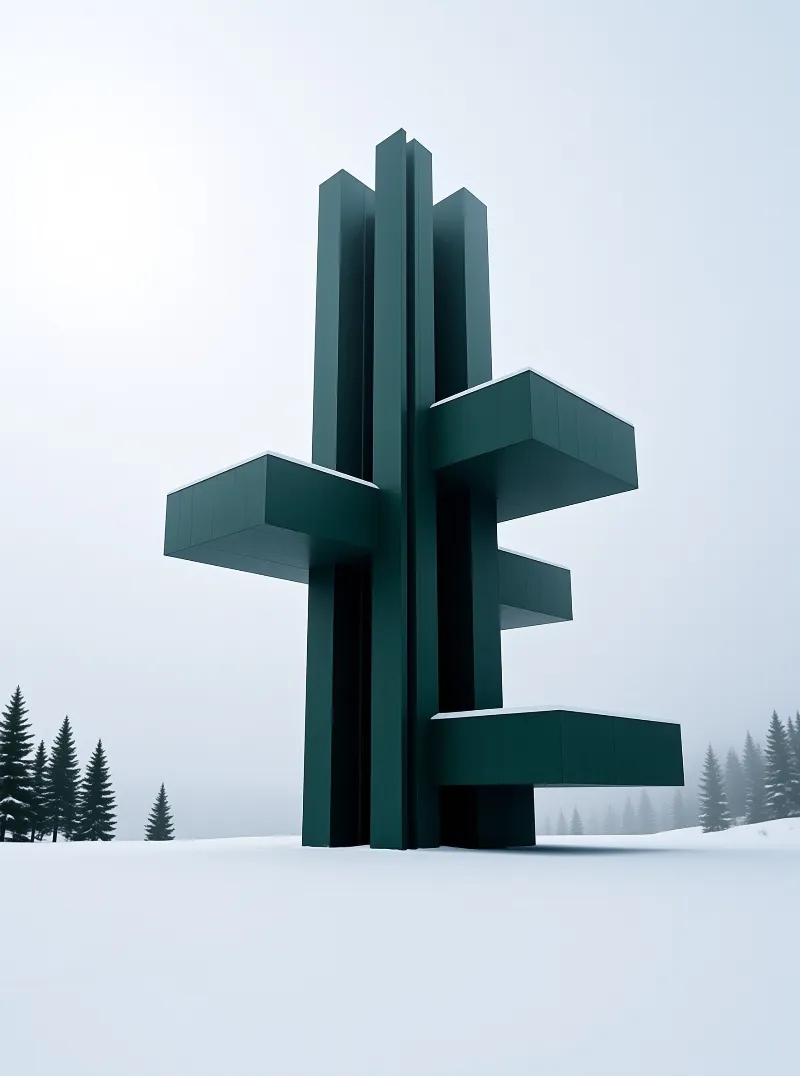 A tall dark green geometric structure resembling a cross stands isolated in a foggy snow-covered landscape with pine trees.