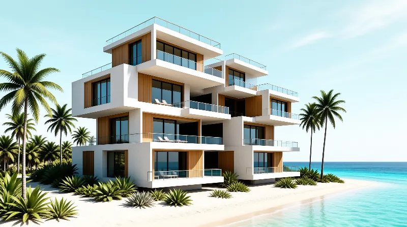 A white multi-story building with wooden panels stands on a sandy beach beside turquoise water and palm trees.