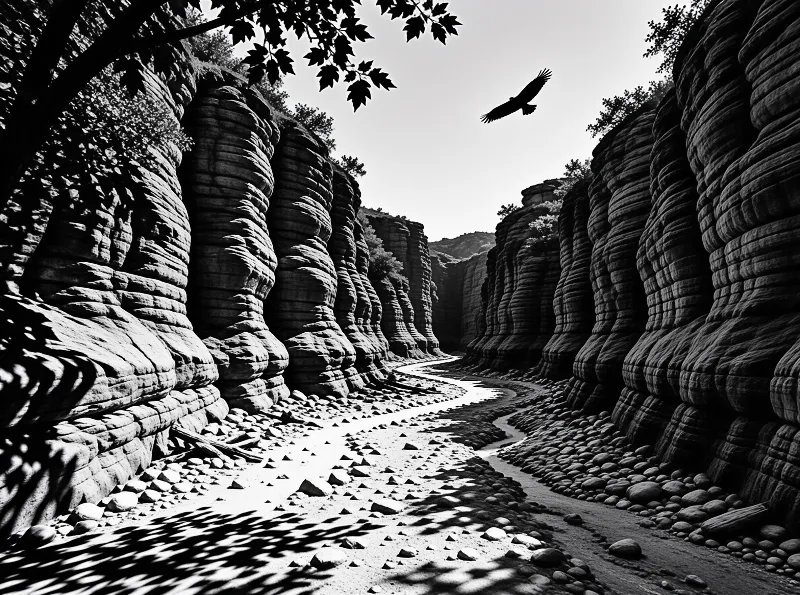 A stream winds through a deep gorge with layered rock walls while a large bird flies across the bright sky above the trees.