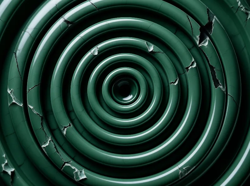 Deep glossy green concentric raised rings show jagged cracks that expose dark underlayers under even soft light.