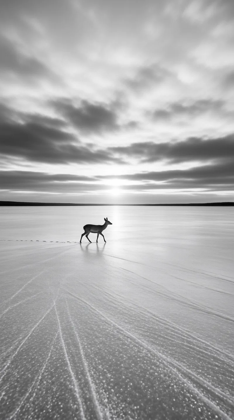 A lone deer walks across a vast frozen lake in black and white beneath a bright low sun.