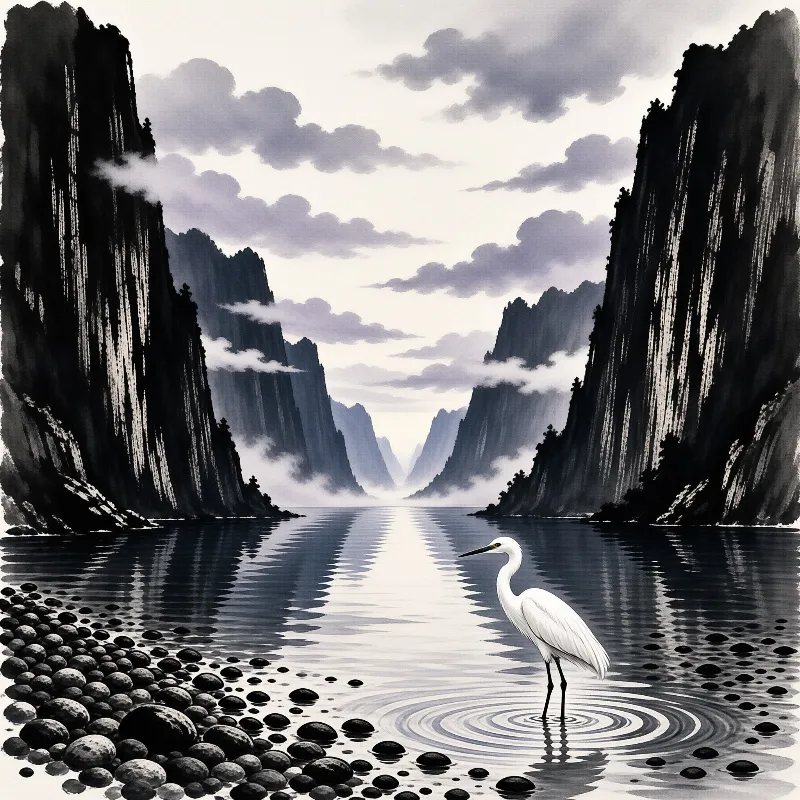 A solitary white bird stands in shallow water surrounded by towering dark cliffs under a cloudy sky.