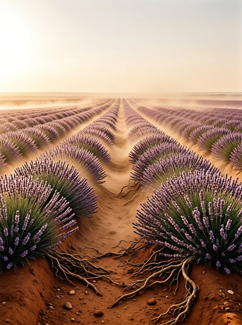 Symmetrical rows of blooming lavender converge toward warm haze while gnarled roots frame the reddish soil.