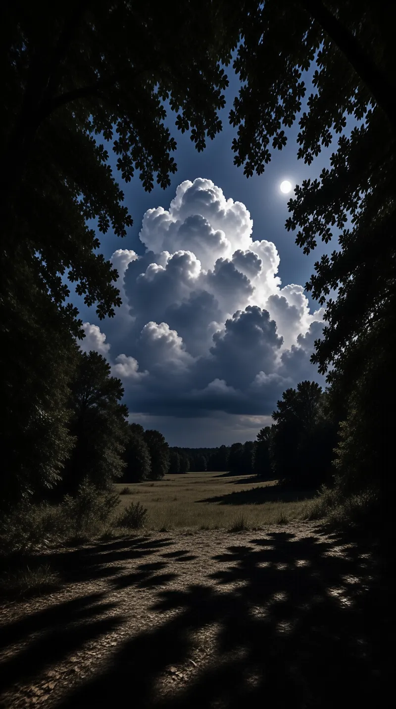 Dark tree-lined path leads to sunlit meadow beneath towering cumulus clouds with bright sky and dappled shadows on ground.