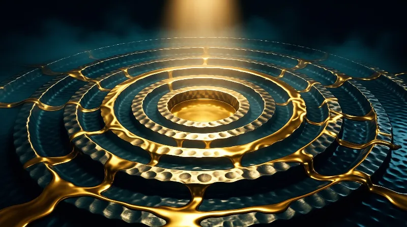 A series of textured blue rings with flowing gold liquid illuminated by a central light.