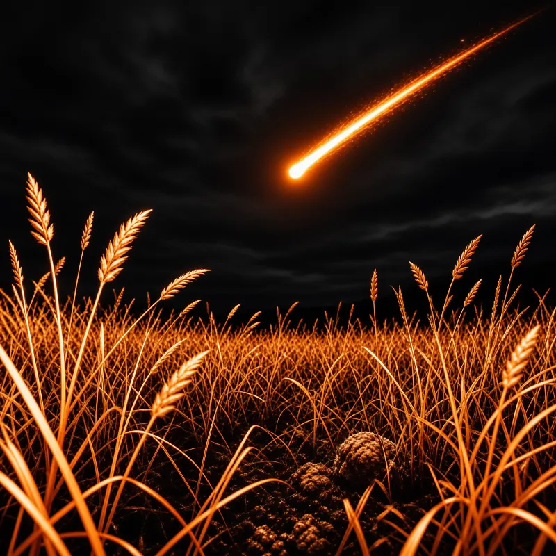 A fiery meteor crosses the night sky above wheat stalks lit amber by its glowing trail and drifting sparks.