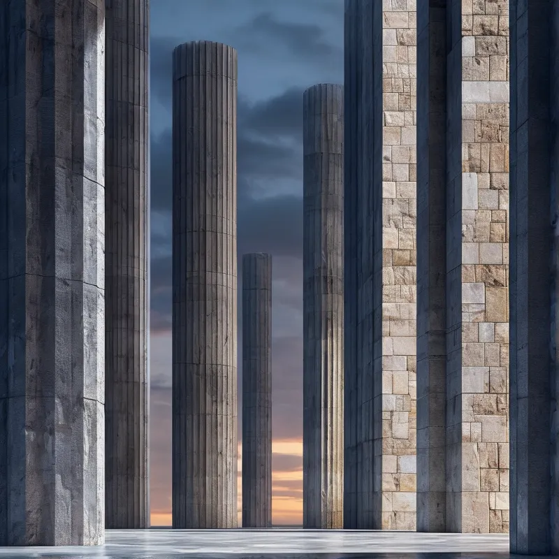 Tall architectural columns of varying textures stand against a moody twilight sky with warm orange light on the horizon
