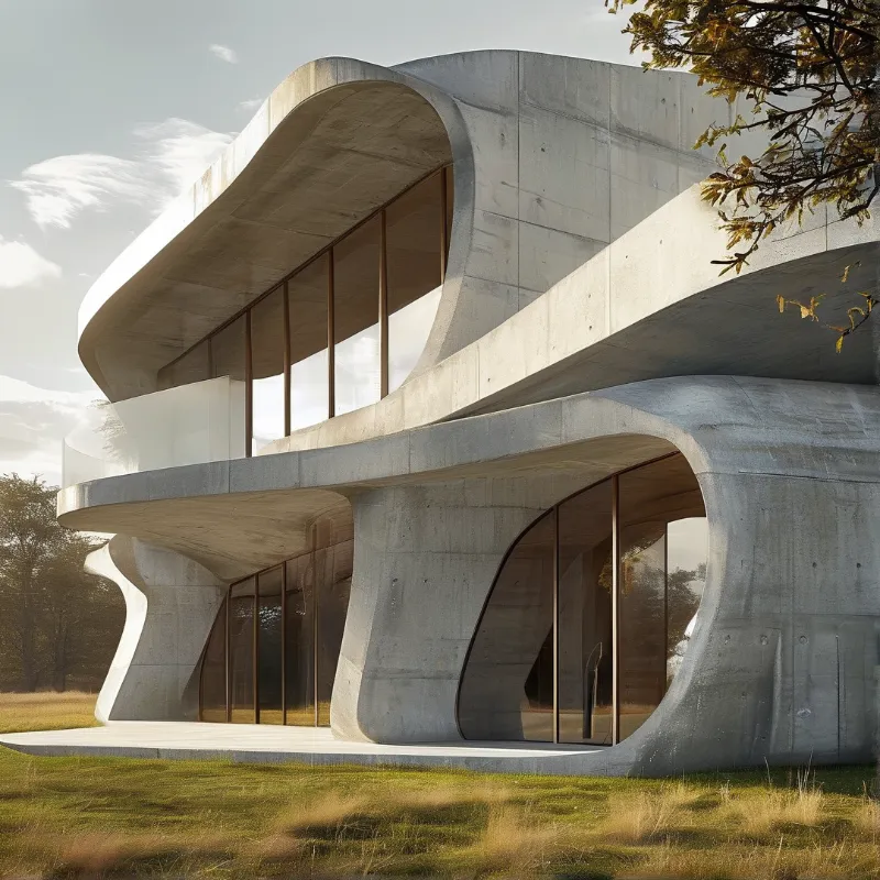 A sculptural concrete building features smooth flowing curves and floor-to-ceiling glass windows set within a green grassy landscape.