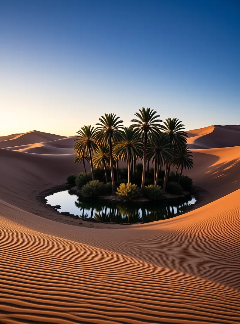 Palm trees stand on a small island with a calm pool of water surrounded by golden sand dunes under a clear blue sky.