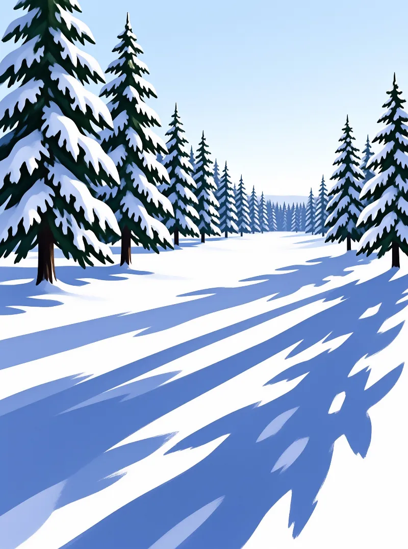 Tall snow covered evergreen trees line a winding path across a white landscape with long blue shadows.