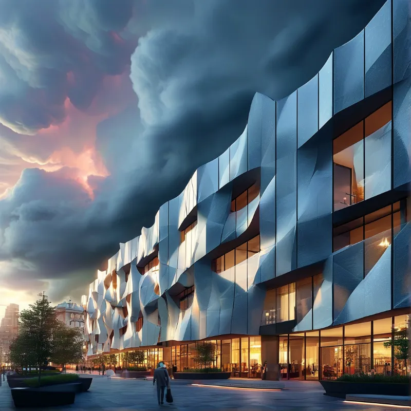 White building with sculpted facade reflects sunset light under dark clouds while warm interior lights glow through windows
