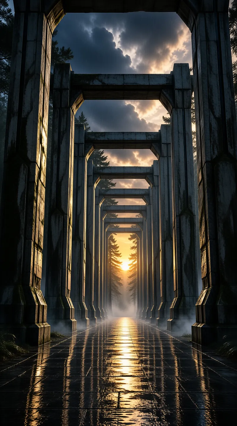 Repeated weathered gateways shrink toward a glowing sun between pines, their warm light mirrored in wet paving stones.
