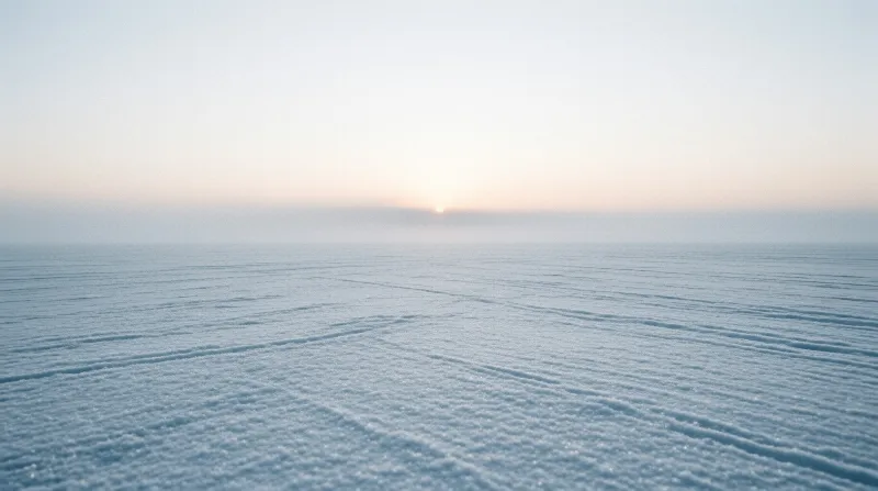 Wind shaped snow covers a vast landscape leading to a misty horizon with a faint sun glowing low.